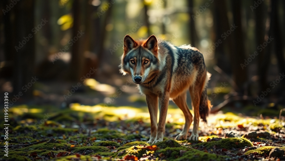 Dappled Wolves Wolf-like dog, forest setting, golden autumn leaves, dappled sunlight ...