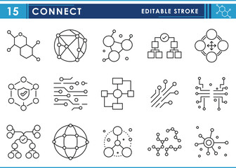 Fototapete - A set of line icons related to Connect. Digital, connectors, nods, circuits, secured connection, worldwide, artificial intelligence, linkage, and so on. Vector editable stroke.