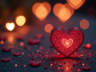 Aufkleber - Romantic Evening Setting Features Twinkling Lights, Sparkling Glitter, Shimmering Hearts, And A Soft Bokeh Effect In The Background. 00003