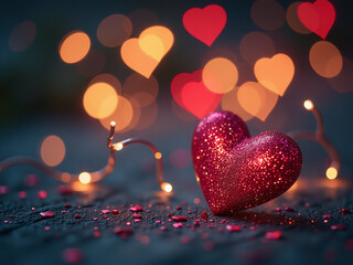 Aufkleber - Romantic Evening Setting Features Twinkling Lights, Sparkling Glitter, Shimmering Hearts, And A Soft Bokeh Effect In The Background. 00001