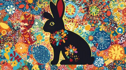 Wall Mural - A colorful Easter background with a bunny silhouette and decorative patterns.