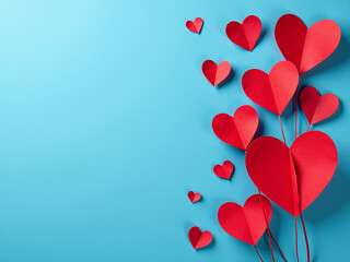 Poster - Red Paper Cut Heart Shapes Adorn A Blue Textured Background Leaving Space For Your Message, Suitable For Various Celebrations And Occasions. 00003