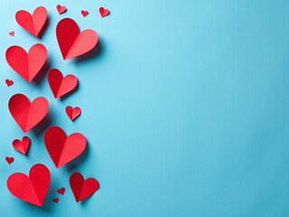 Poster - Red Paper Cut Heart Shapes Adorn A Blue Textured Background Leaving Space For Your Message, Suitable For Various Celebrations And Occasions. 00002