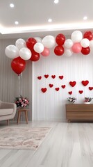 Canvas Print - A cozy room features heart-shaped balloons against white walls and a pink armchair, all set for a Valentine's Day gathering