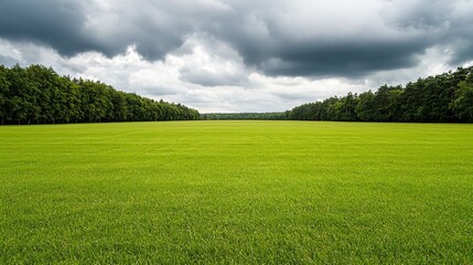 Wall Mural - Lush green field under a dramatic, cloudy sky.