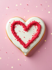 Poster - Pastel Pink Background Features A Delicate Heart Design Made From Red Sugar, Surrounded By Creamy White Frosting And A Bokeh Effect. 00001
