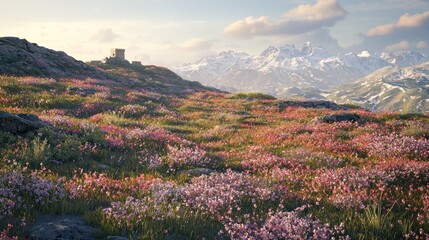 Wall Mural - Mountain wildflowers blooming at sunset.