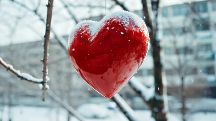 Wall Mural - A heart with snow on it is hanging from a tree