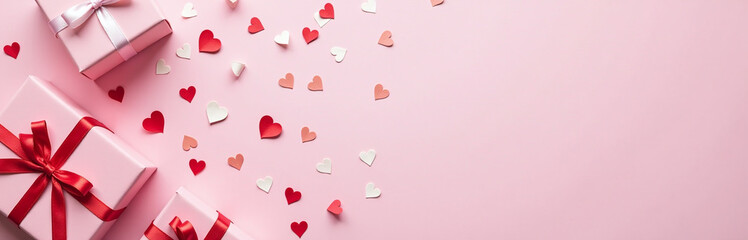 Aufkleber - Composition Featuring Gifts, Ribbons, And Confetti Hearts On A Pink Background With Copy Space For A Top View Flat Lay. 00001