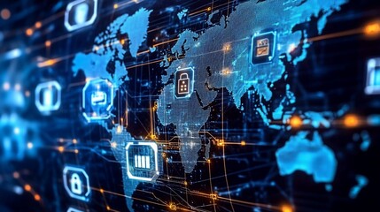 Wall Mural - Global Network Security:  A Digital World Map Illustrating Data Protection and Cybersecurity Across the Globe