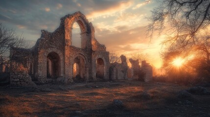 Canvas Print - Sunset over ancient stone ruins.