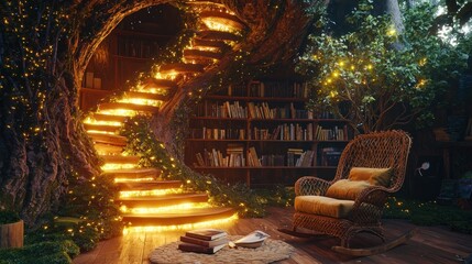 Sticker - Magical treehouse library with glowing staircase, bookshelves, and cozy rocking chair.