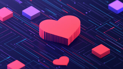 Poster - Red heart shapes on digital circuit background symbolize love and technology