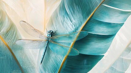 Wall Mural - Teal dragonfly on tropical leaves.