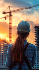 Poster - Female engineer examining construction site, hardhat-clad, rear view with crane, buildings, sunset backdrop