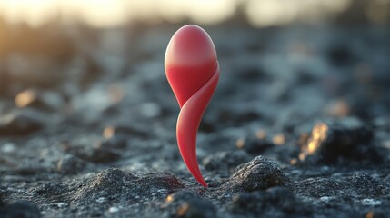 Sticker - Red Heart Shaped Abstract Sculpture on Dark Volcanic Rock, Sunset Backdrop