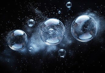 Poster - High-Resolution Close-Up of Colorful Soap Bubbles on a Dark Background with Sparkling Water Particles and Glimmering Highlights Creating a Dreamy Atmosphere