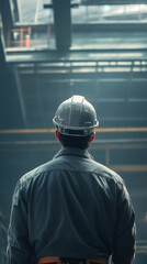 Aufkleber - Engineer wearing a hardhat, inspecting an industrial building from behind, focused on the details of the construction and machinery