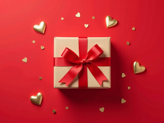 Aufkleber - A Flat Lay Design Features A Gift Box Wrapped In Satin Ribbon, Surrounded By Golden Hearts And Confetti On A Bright Red Background. 00001