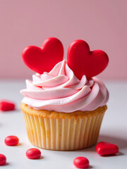 Poster - A Cupcake Or Tartlet With Pink Meringue Cream Is Decorated With Two Big Red Hearts And Small Heart Shape Candies. 00002