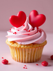 Poster - A Cupcake Or Tartlet With Pink Meringue Cream Is Decorated With Two Big Red Hearts And Small Heart Shape Candies. 00003