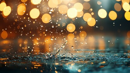 Poster - Beautiful raindrops splashing on water surface with glowing bokeh lights in the background creating a serene atmosphere