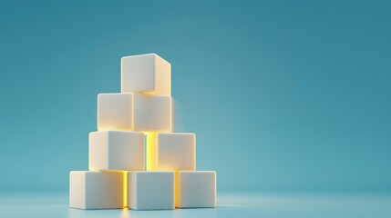 Poster - Illuminated geometric white cubes arranged in a modern pyramid shape on a soft blue background
