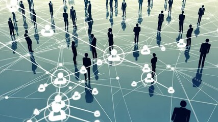 Poster - Connected Network: A digital illustration of a network of connected people, symbolized by silhouettes and profile icons, representing the concept of community, collaboration, and global connection.