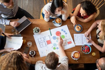 Poster - Group of people collaborate at casual cafe, startup business meeting, teamwork brainstorm. Diverse team discuss, share ideas and collaborate together. Diverse casual team brainstorm ideas at cafe