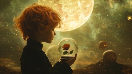 Poster - Boy holding a rose in a glass dome against a cosmic backdrop.