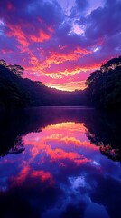 Sticker - Vibrant sunrise reflected in a calm lake, surrounded by lush greenery.