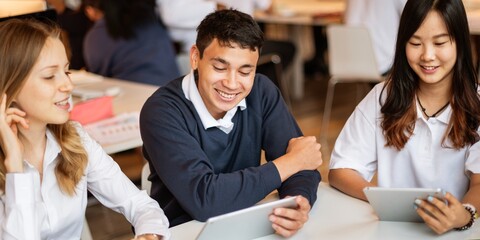 Aufkleber - Group of young adults studying together, using tablets. Diverse students, male and female, engaged in learning. Collaborative study session with technology. Diverse students working on school project.