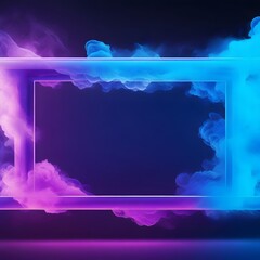 Abstract blue Neon light  3d Frame with Colorful Smoke Background