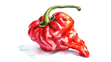 watercolor illustration of one single red hot carolina reaper pepper isolated on white background