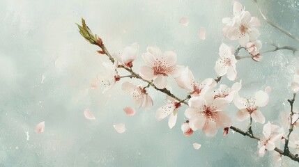 Wall Mural - Delicate pink cherry blossoms on a branch with falling petals against a soft blue-grey background.