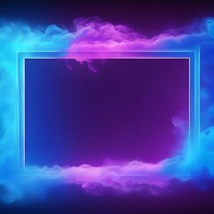 Abstract blue Neon light  3d Frame with Colorful Smoke Background