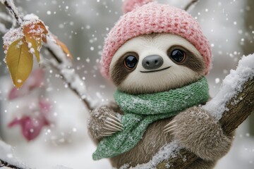 Wall Mural - Adorable Sloth in Winter Wonderland