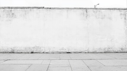 Wall Mural - A high-angle, full shot of a weathered, white wall and sidewalk.