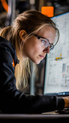 Aufkleber - Female engineer wearing safety glasses concentrating on computer screen in industrial environment