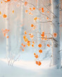 © Monika Manowska - Närbild på frostiga björkstammar med orange höstlöv som kontrasterar vackert mot den kalla, vita bakgrunden.