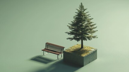 Canvas Print - Solitary bench beside a small evergreen tree on a cube.