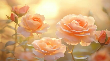 Wall Mural - Peach roses blooming in golden sunlight.