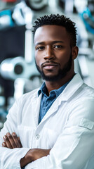 Poster - Confident scientist crossing arms in modern laboratory, embodying professional research expertise with stern, authoritative posture