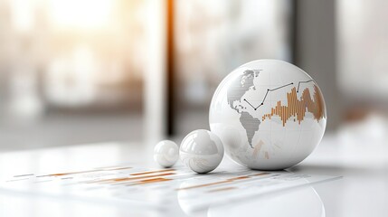 Wall Mural - ic world icon featuring business symbols like currency and charts, representing global competition on a bright white background