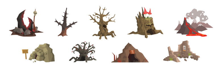 Poster - Spooky and Scary Landscape Terrain Elements Vector Set
