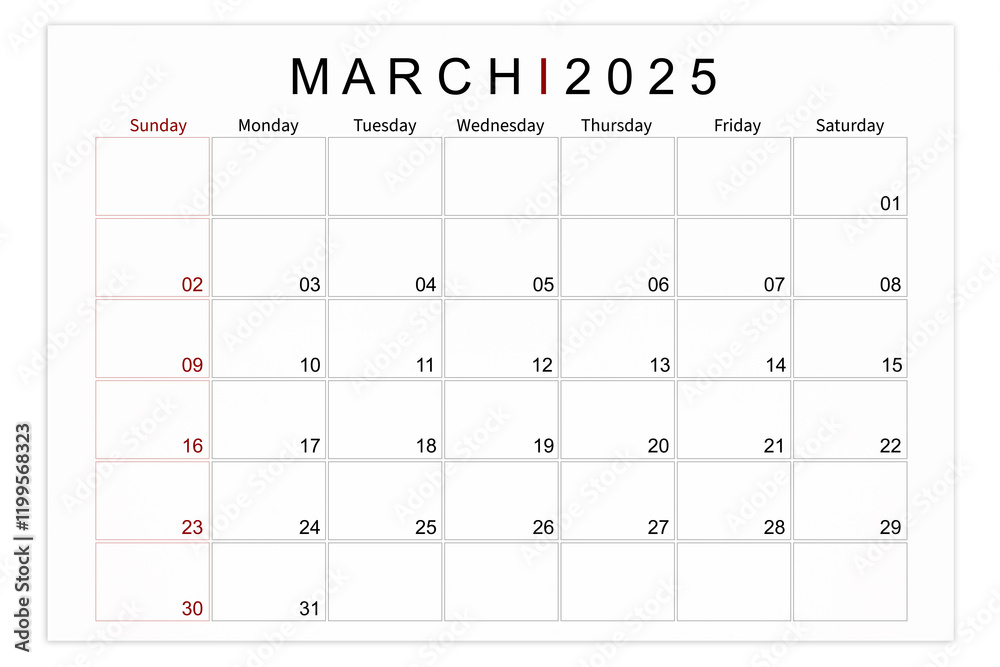 March 2025 Blank calendar page isolated on white background. Stock ...