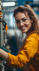 Aufkleber - Female worker wearing protective eyewear, performing manufacturing tasks with confidence in dynamic factory setting