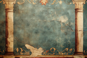 Poster - Ancient wall fresco. Vintage Ornament. Slide Background with space for text. Background image. Created with Generative AI technology.