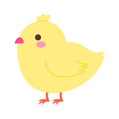 Wall Mural - a cute yellow chicken with a pink beak. the chicken is standing on its two legs and looking up