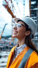 Poster - Female engineer in hard hat and reflective vest, standing near construction site, looking upward with confident smile